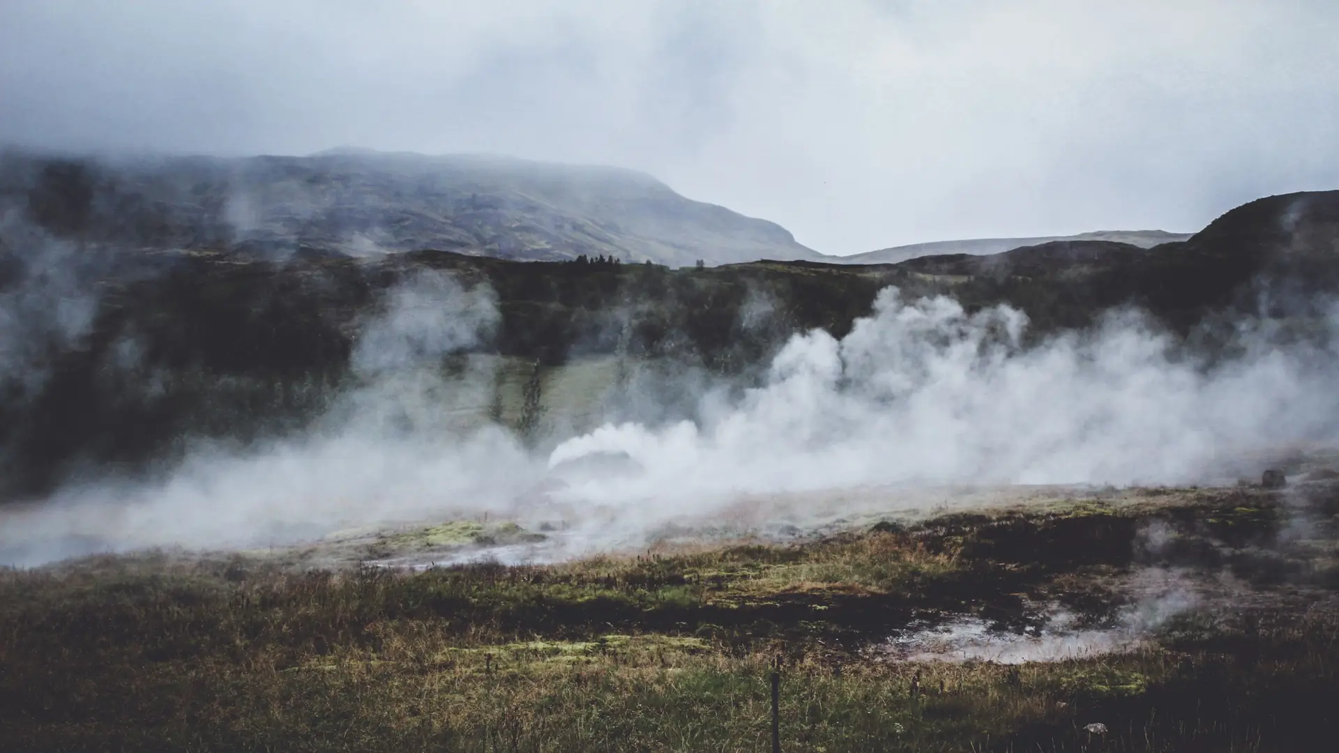 Steam drifting over warm springs in a misty valley